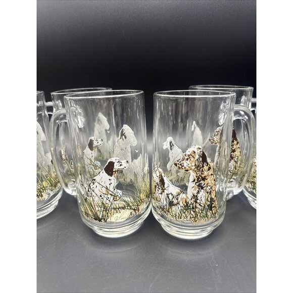 Vintage NOS Hunting Bird Dog Man cave Cabin Barware Glass Beer Stein Mug Set 6